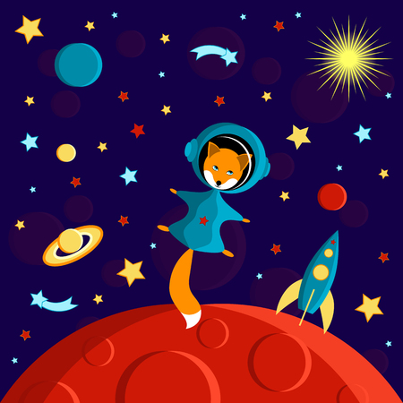 Fox in a spacesuit on a red planet. Moon, Sun, Saturn, Earth, other planets, rocket Stars comets space Cartoon styleのイラスト素材