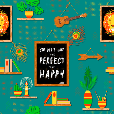 Wall in the room with paintings and shelves. Seamless pattern. Portrait of a lion, lettering with affirmations, home plants, brushes and pencils, ukulele, peacock feather, candle, arrow, booksのイラスト素材