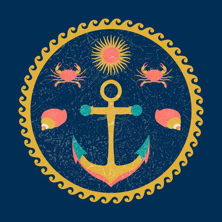 Nautical circle poster. Cartoon style with grunge effects. Anchor, sun, crab, shell. Round frame from wavesのイラスト素材