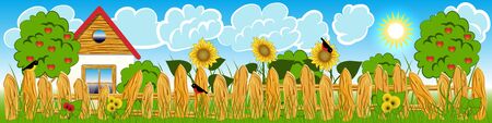 Country house, Gardening Flat Illustration. House, fence, trees, plants, birds, sky, clouds, sunのイラスト素材
