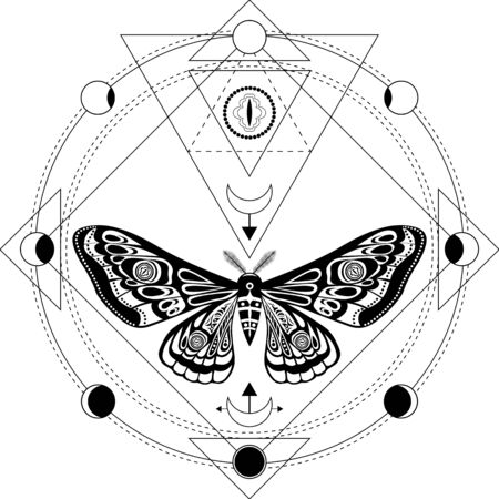 Night moth, butterfly pupa. Sacred geometry, esoteric symbols.のイラスト素材