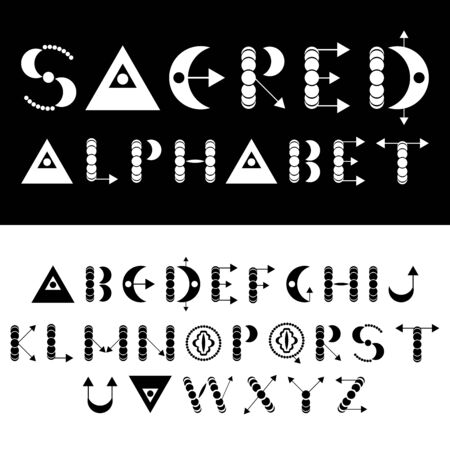 Sacred vector alphabet font. Geometric English letters. Moon phases and other symbols. Elements for designのイラスト素材