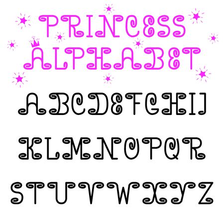 Princess vector alphabet font. Cute with curls English letters. For girls, for children, for mothers, for cards, albums,のイラスト素材