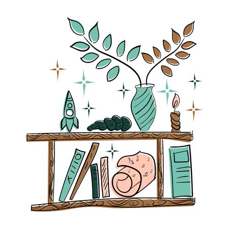 Wooden shelf with books, vases, plants, rolls of paper, shells, rocket, candleのイラスト素材