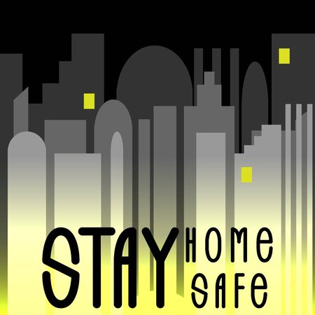 Stay home, stay safe. Coronavirus typography poster design on a background of gray city buildings.のイラスト素材