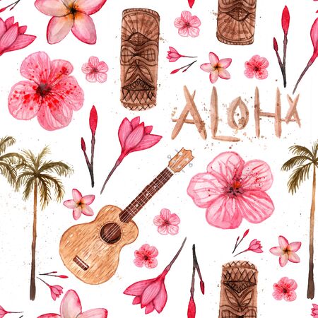 Hawaiian simbols - Luau, Aloha, Tiki, Ukulele, Plumeria, hibiscus palm tree Seamless pattern Watercolor illustrationの写真素材