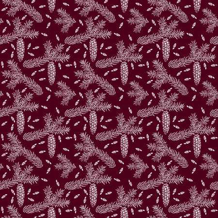 Spruce seamless pattern isolated on red. Picea branch, cone, seed.の写真素材