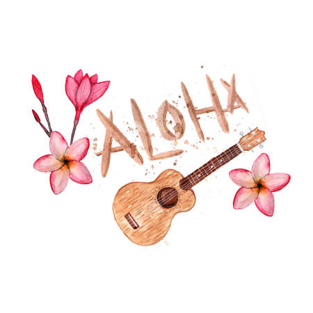 Hawaiian simbols - Luau, Aloha, Ukulele, Plumeria. Watercolor illustration. Isolated on white.の写真素材