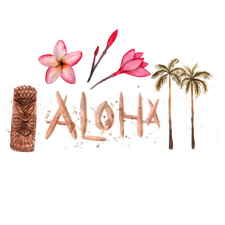 Hawaiian simbols - Luau, Aloha, Tiki, palm tree, Plumeria. Watercolor illustration. Isolated on white.の写真素材
