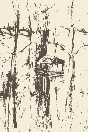 Bird feeder on a tree. Vector hand drawnのイラスト素材