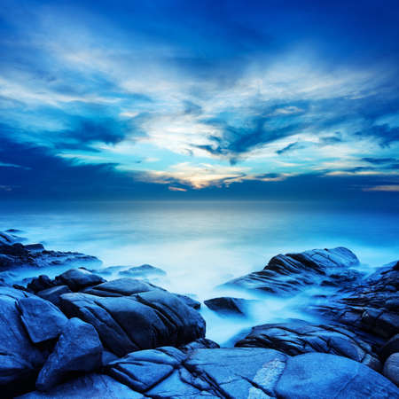 Alien sea at dawn. Long exposure shot. Square composition.の写真素材