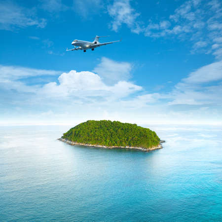 Private jet plane is over a tropical island  Luxury style living concept    Square composition