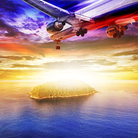 Jet plane over the sea at dawn  Square composition の写真素材