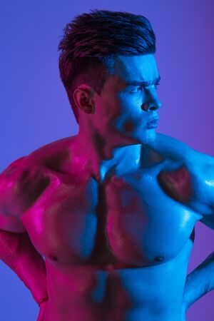 Athletic, body, bodybuilder, natural, man posing sexy male light color blueの写真素材