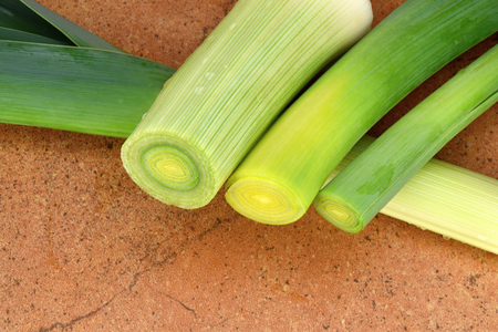 Leek vegetables isolated, covered with drops of water. Allium porrum.の写真素材