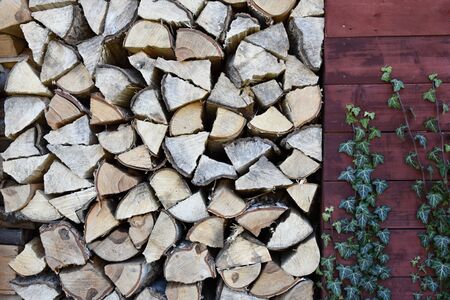 Leveled chipped wood in the woodshed. Heating season. Wood.の写真素材