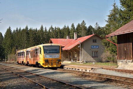 Kvetna, Czech Republic - 20.4.2019: Passenger train on the route Policka - Svitavy. Kvetna Train Station. Czech Railways train companies, Regionova. locomotive 914 166-4のeditorial素材