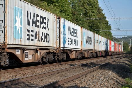 Svitavy, Czech Republic - 20.4.2019: Freight train with container wagons, CD Cargo. Loaded...