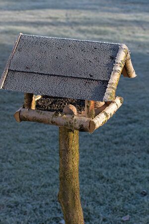 Frostbitten bird feeder. Winter time. White ice crystals. Sun shining on bird feederの写真素材