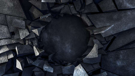 Black background with a stone explosion and a circle. 3d illustration, 3d rendering.