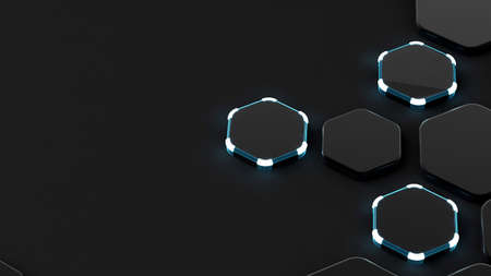 Black abstract background with hexagons and glow. 3d rendering, 3d illustration.