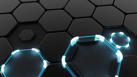 Black abstract background with hexagons and glow. 3d rendering, 3d illustration.の写真素材