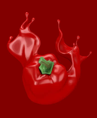 Red background with paprika and splash ketchup, sauce, juice.  3d rendering, 3d illustration.の写真素材