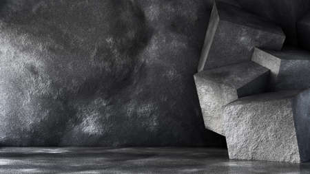 Industrial grunge interior studio with stone and concrete texture. 3d rendering, 3d illustration.