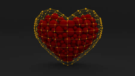 Stylish abstract black background with a heart filled with red balls and design.3d rendering 3d illustration.の写真素材