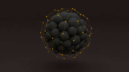 Stylish abstract 3d background with round shaped figure, balls and black design. 3d illustration.