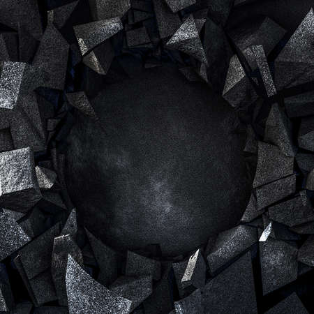Black background with a stone explosion and a circle. 3d rendering, 3d illustration.の写真素材