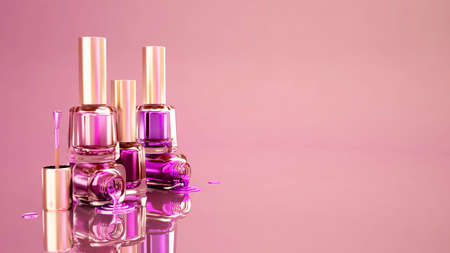 Nail polish. Pink background. Fashion, makeup, manicure, nails beauty 3d rendering 3d illustrationの写真素材
