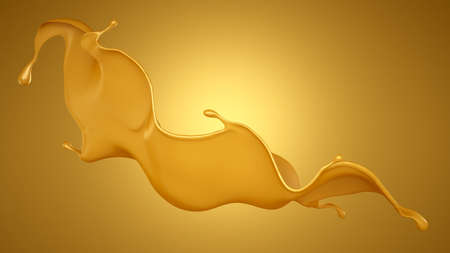 Splash of caramel on a yellow background. 3d rendering 3d illustration.の写真素材