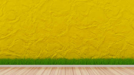 Yellow background with a wall, grass and wooden floor. 3d illustration, 3d rendering. 3d rendering, 3d illustration.の写真素材