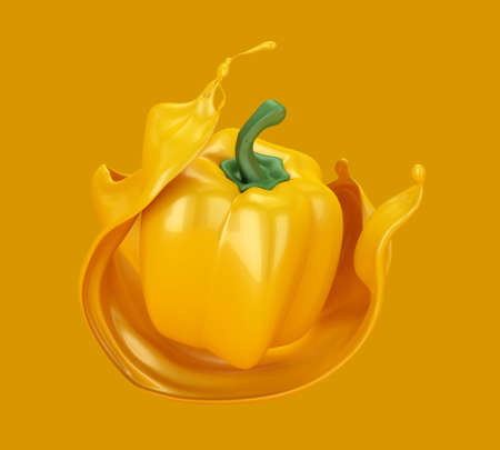 Beautiful, abstract yellow background with pepper and a splash of juice. 3d rendering,   3d illustration.の写真素材