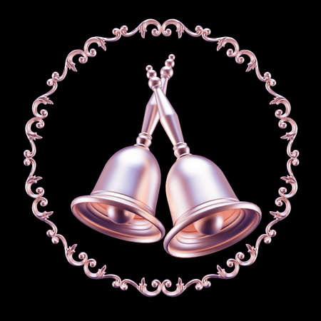 Beautiful metal vintage frame with Christmas bell isolated on black background. 3d rendering, 3d...