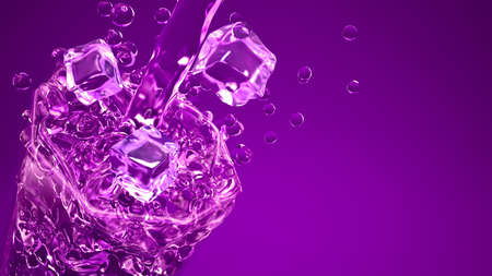 Splash cold water in a glass, purple background, 3d rendering, 3d illustration.