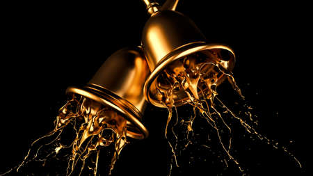 A beautiful metallic Christmas bell and a splash of gold. 3d rendering, 3d illustration.
