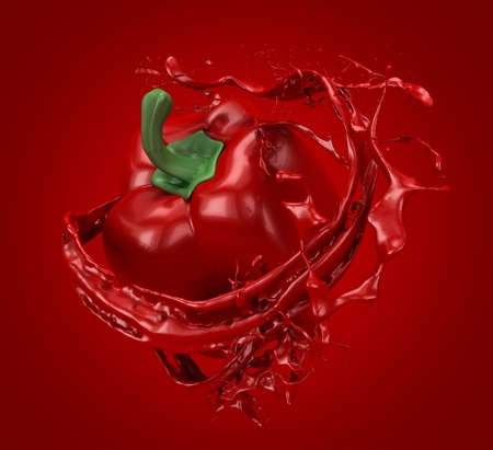 Beautiful, abstract red background with pepper and a splash of juice. 3d rendering, 3d illustration.