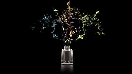 Black background with nail polish and splash. Fashion, makeup, manicure, beauty. 3d rendering, 3d...