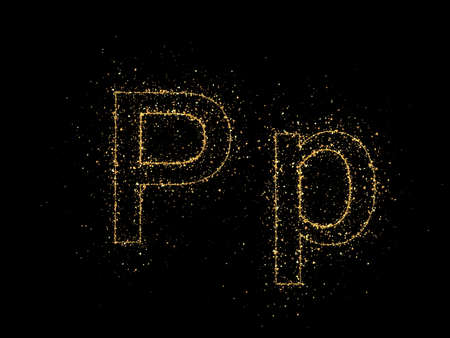 Letter P is a particle of gold font. 3d rendering, 3d illustration.の写真素材