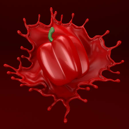 Red background with splash and pepper. 3d rendering,   3d illustration.