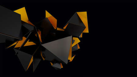 Abstract background with isolated three-dimensional element of black triangles and yellow crystals...