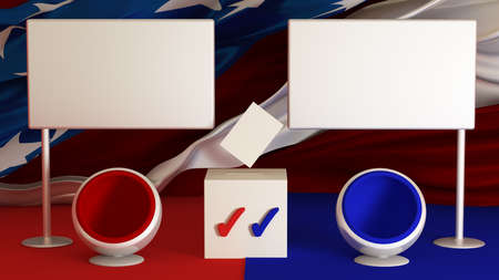 US election 2020: background with banners and armchairs. The candidate of the party. Elections, voting, ballot box, form.3d rendering, 3d illustration.の写真素材
