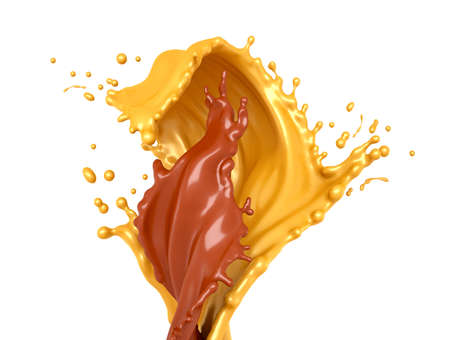 Beautiful, sweet, tasty background splashes of chocolate, milk and honey. 3d rendering, 3d illustration.の写真素材