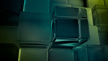 Green glass background with cubes, 3d rendering, 3d illustration.の写真素材