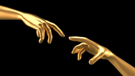 Golden hands in the gesture of contact. 3d rendering, 3d illustration.の写真素材