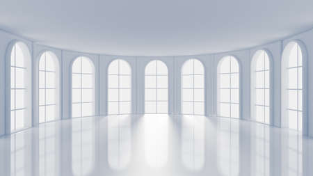 White empty interior, white room with windows, background. 3d rendering, 3d illustration.の写真素材