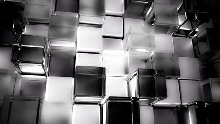 Bright, high-contrast black-and-white abstract background with white, black and glass cubes, 3d...