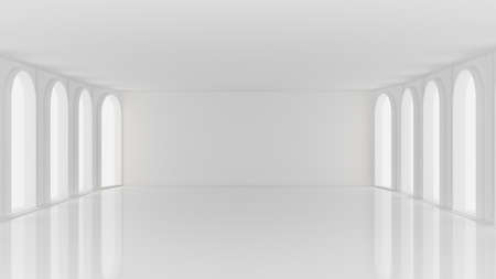 White empty interior, white room with windows, background. 3d rendering, 3d illustration.の写真素材